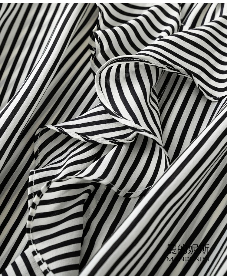 

Women's 100% Mulberry Silk Crepe Silk black stripes V-neck ruffles long sleeve shirt Top Blouse Collared office work M L MM048