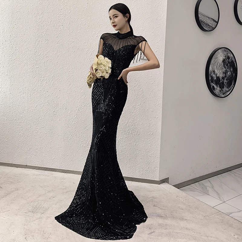 

Sequin Evening Dress Luxury Noble Tassel Long Prom Gowns Sexy Sparkling Evening Gowns Robe De Soiree Shining Vestidos De Fiesta