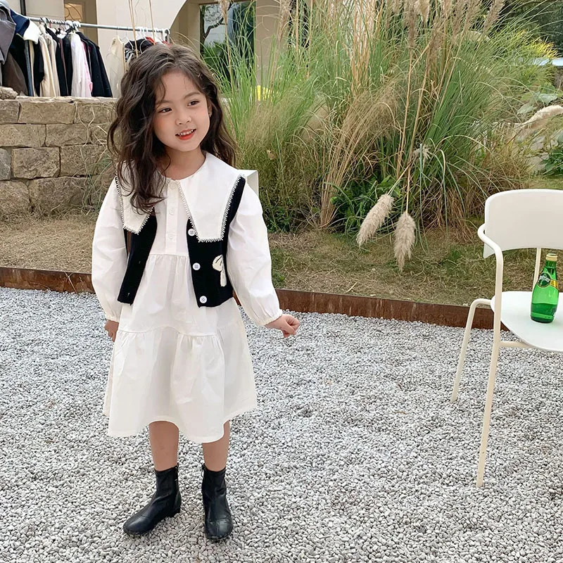 

2022 spring new children's wear girl's solid color long sleeve dress + wool vest children's dress 2-428