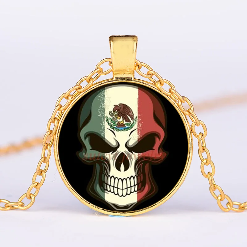 Vintage Skeleton Pendant Necklace Mexican Flag Creative Printed Glass Cabochon Handmade Day of the Dead Jewelry | Украшения и