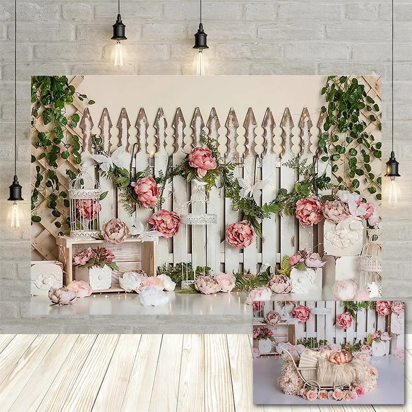 

Avezano Girls Photography Background Wood Fence Pink Flower Green Leaves Baby Portrait Backdrop Decor for Photo Studio Photocall