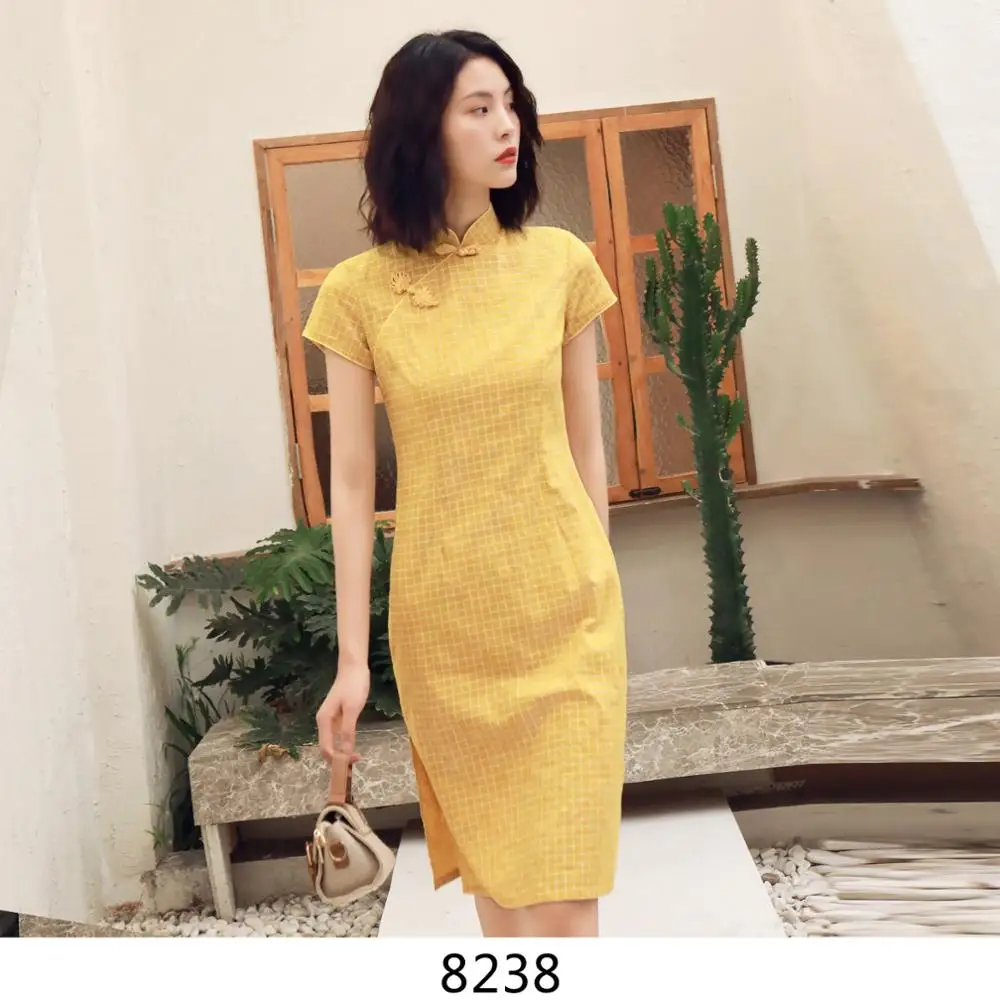 Весеннее клетчатое платье Ципао для женщин сексуальное тонкое хлопковое миди