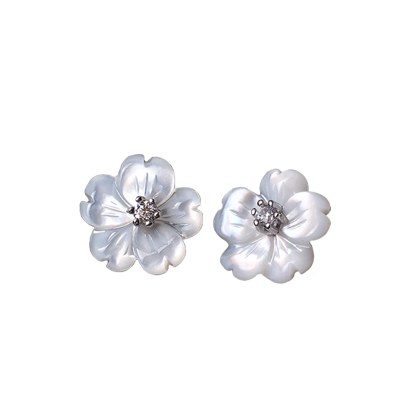 

925 Sterling Silver Earrings Shell Carvings Flowers Stud Earrings For Women Fashion Mosaic Zircons Sterling Silver Jewelry