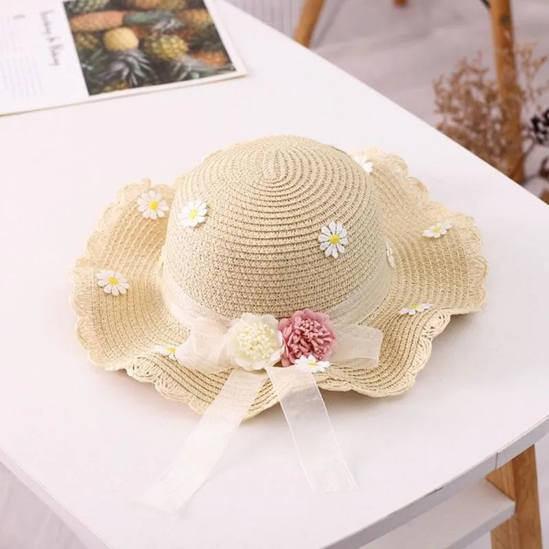 

2021 New Spring Summer Girl Children Straw Hat Handbag Hat Hat Gorros Panama Kid Girl Sun New Baby Cap Flower Straw Visor N5O2