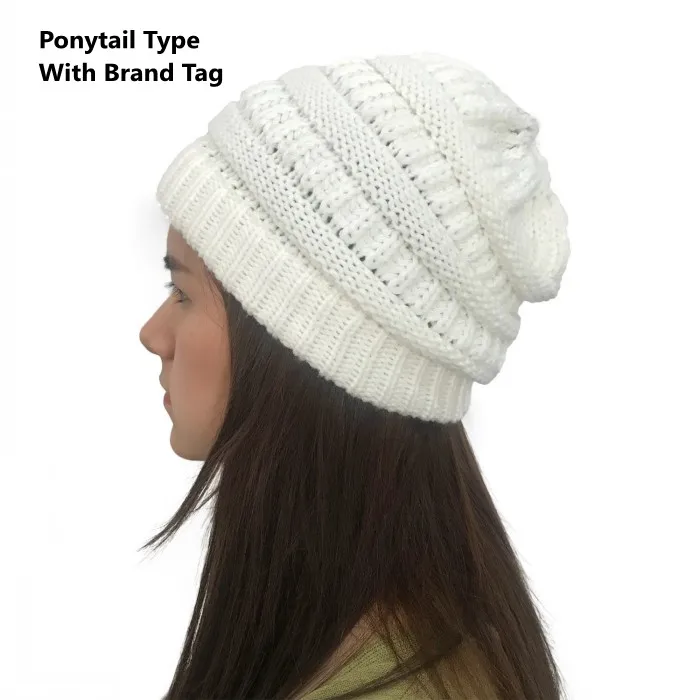 white ponytail Женские зимние вязаные шапки, шерстяные теплые шапки, женские повседневные Шапки, одноцветные шапки-бини - Цвет: white ponytail