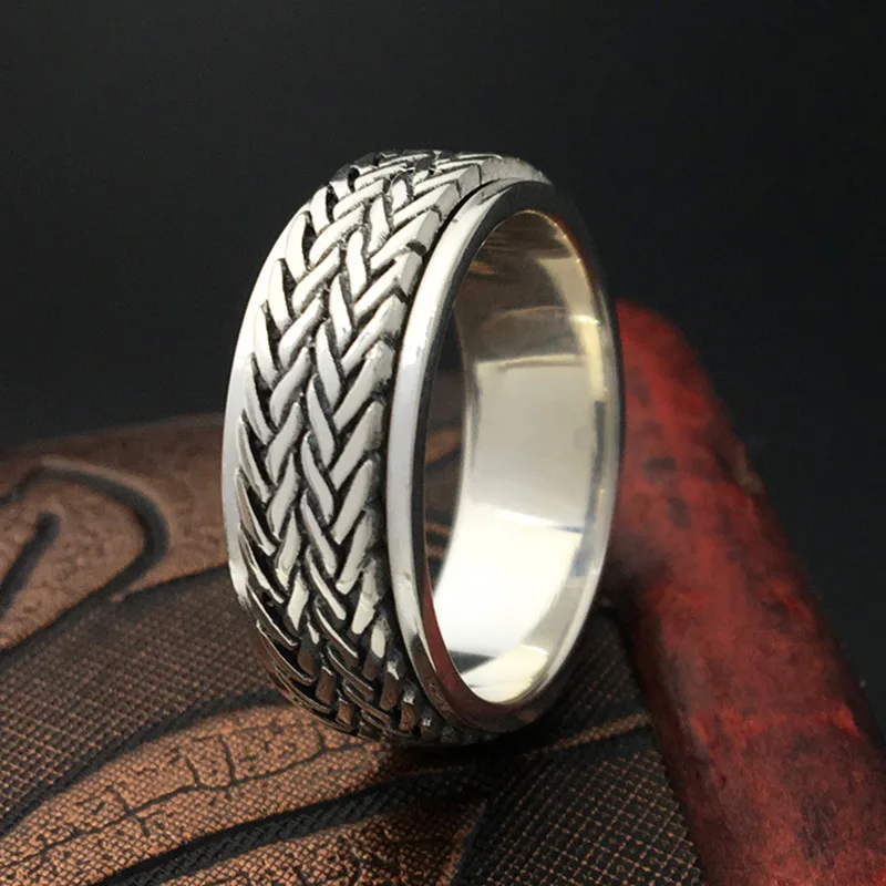 

Woven Band Design Spinner Ring Men 100% Real 925 Sterling Silver Ring Simple Style Cool Men Jewelry Rotable Band Free Gift Box