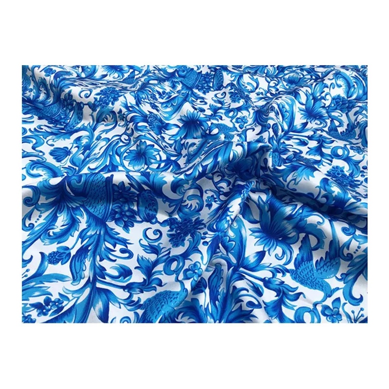 

Printed blue and white porcelain pattern imitation silk stretch satin polyester soft fashion ladies shirt Scarf diy fabric cloth