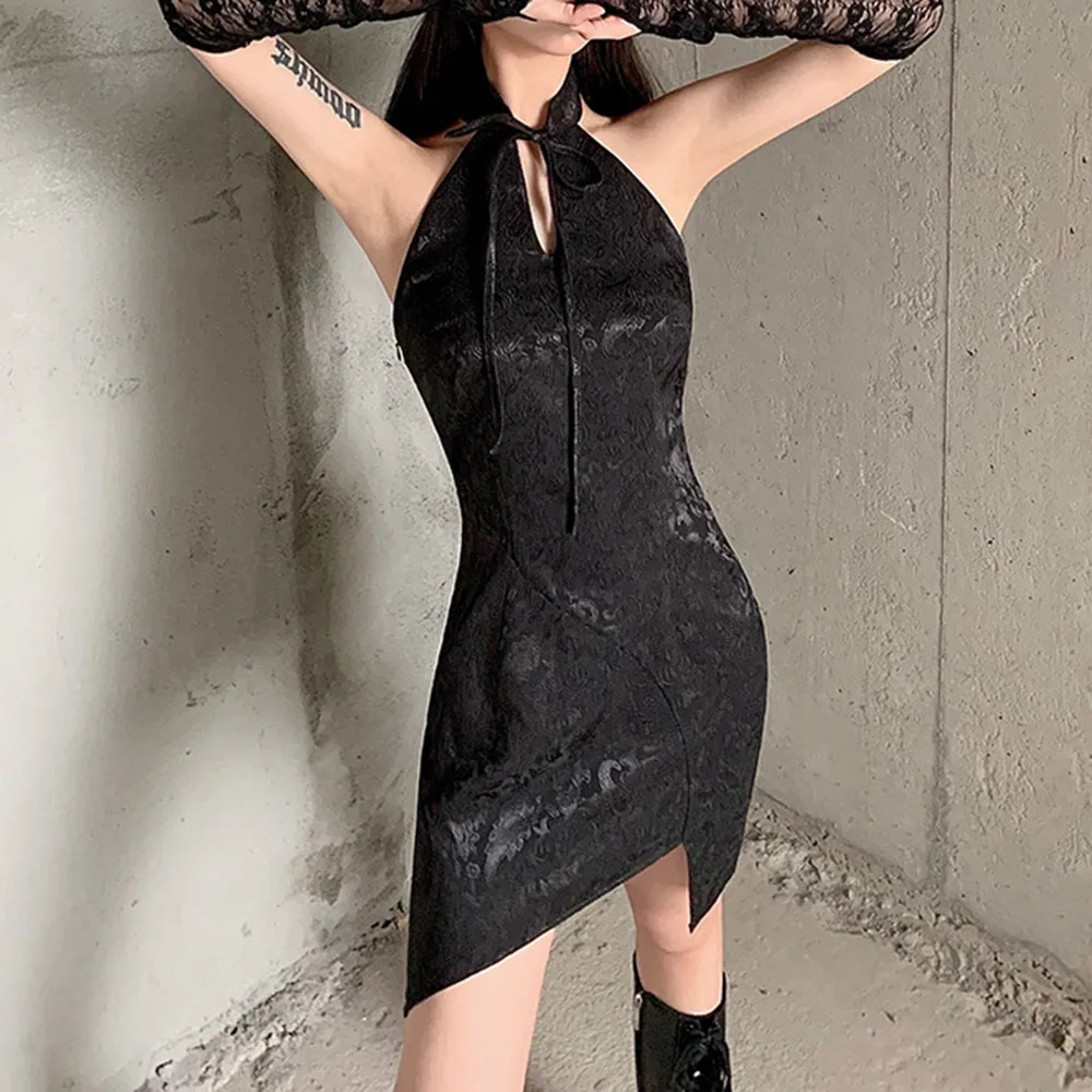

Summer 2021 Black Lace Halter Dress Sexy Lace Sleeves Irregular Fashion Women's Solid Color Stand-up Collar Sleeveless