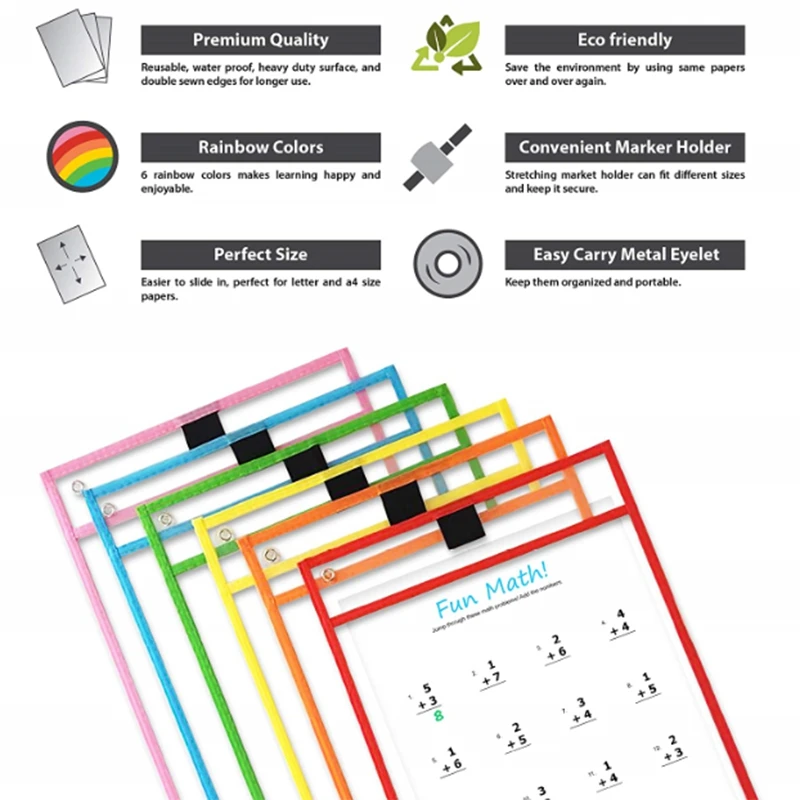 Reusable Dry Erase Pocket Sleeves with Marker Holder(12 Pack)- Assorted Colors, Adult and Children. Use for School, Work, Teac