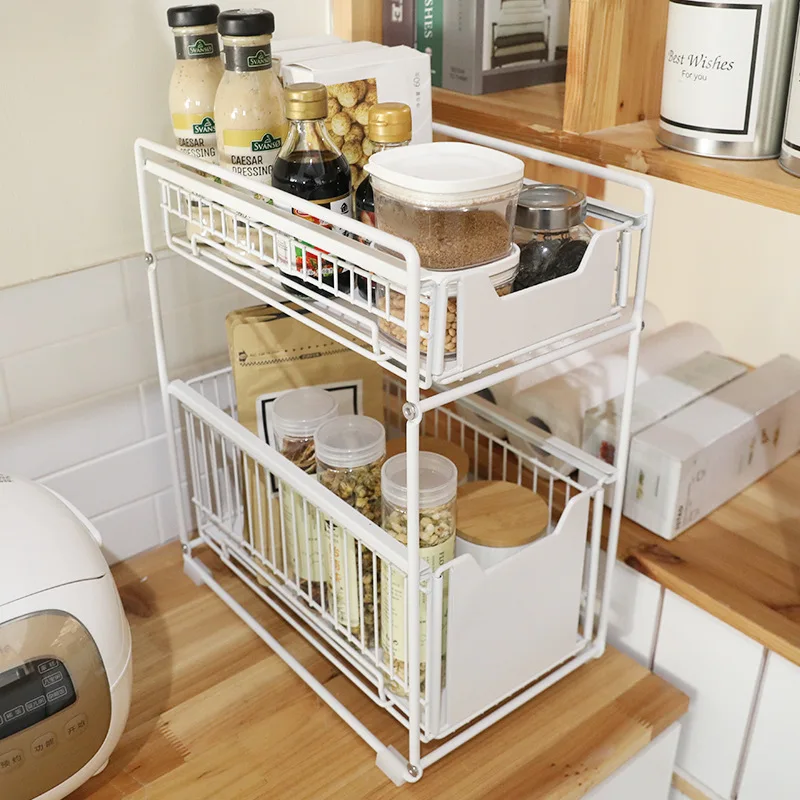 2 tier under sink storage rack sliding cabinet basket with wheels drawer pull out organizer spice shelf rolling cart for kitchen free global shipping