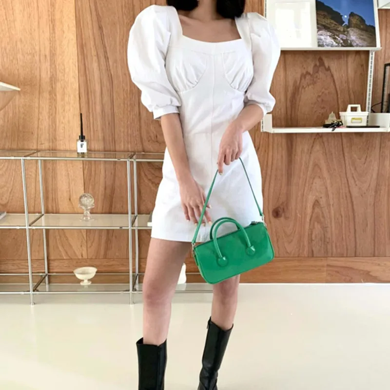 

KUSAHIKI Chic Square Collar Puff Sleeve Women Dress Korean Slim Waist Elegant Vestidos Femme 2021 Summer Solid Dresses 6G307