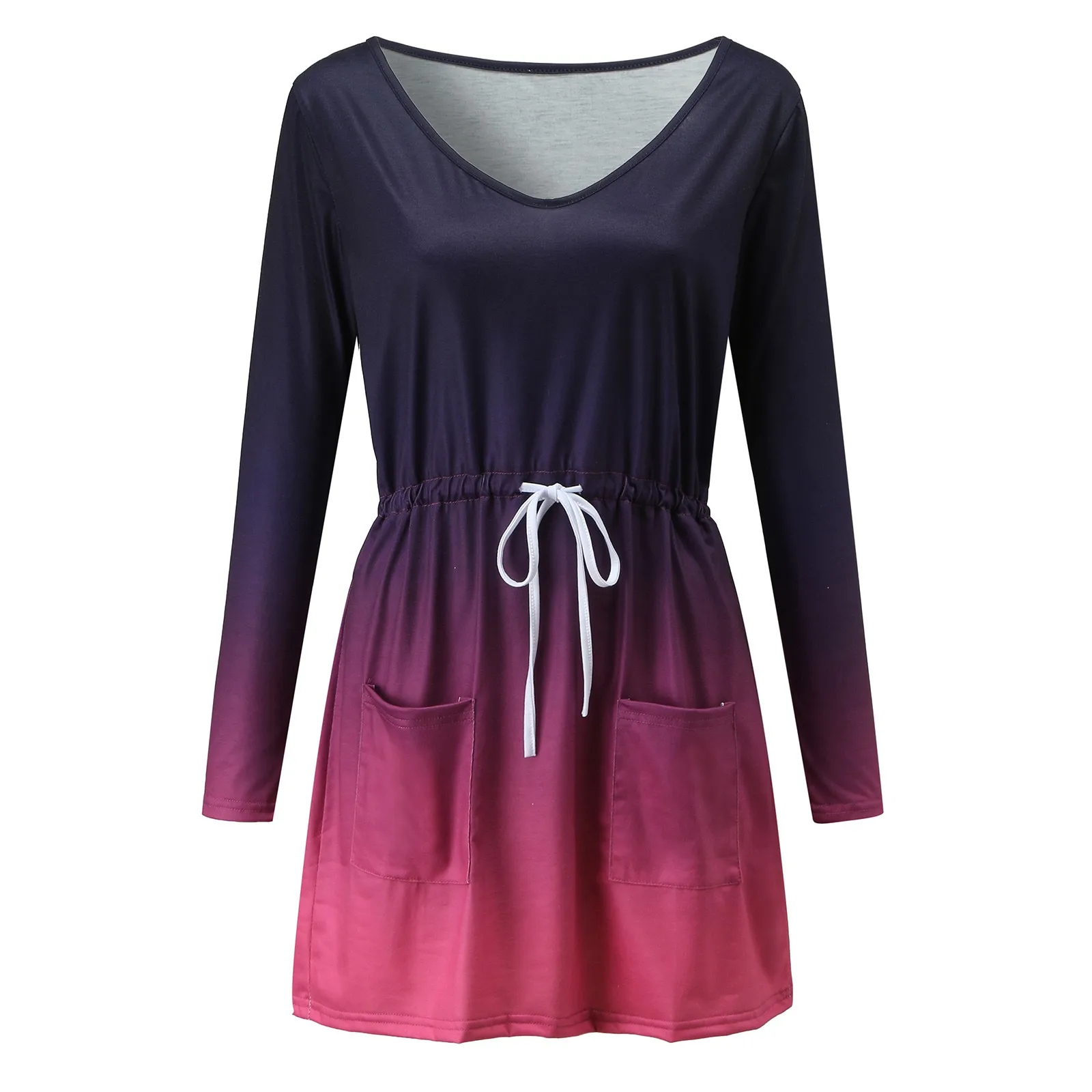 

2021 Women Casual Gradient Dress V-neck Loose Long Sleeve Pocket Mini Dress Beach Party Loose Dresses Daily #G