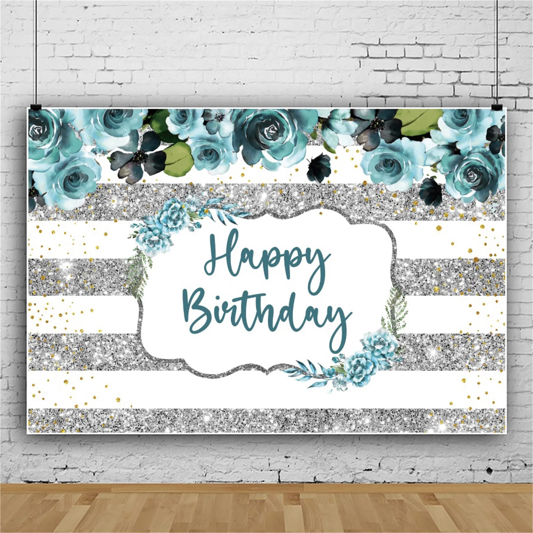 

Фон Laeacco в серебристую полоску для фотосъемки, с изображением синих цветов, для дня рождения