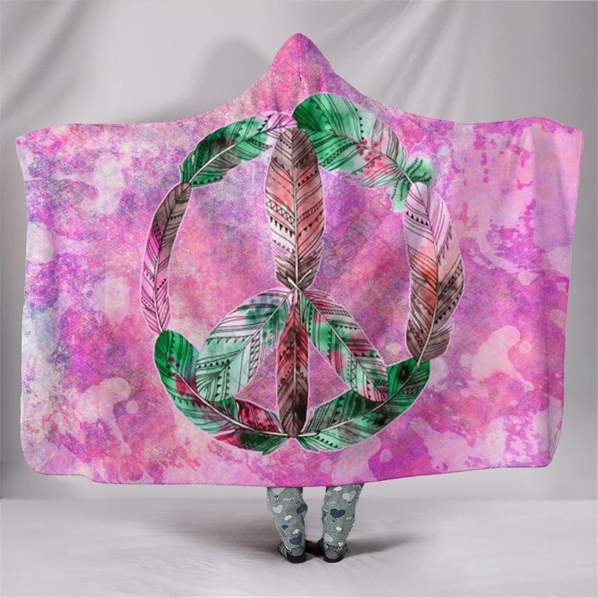 

Boho Peace Feathers 3d printed Hooded Blanket Adult colorful child Sherpa Fleece Wearable Blanket Microfiber Bedding