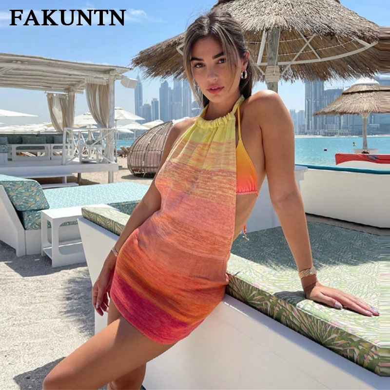 

FAKUNTN Sexy Knitted Halter Dresses for Women 2021 Summer Clothes Vacation Club Outfits Backless Tank Mini Dress Vestidos Robe