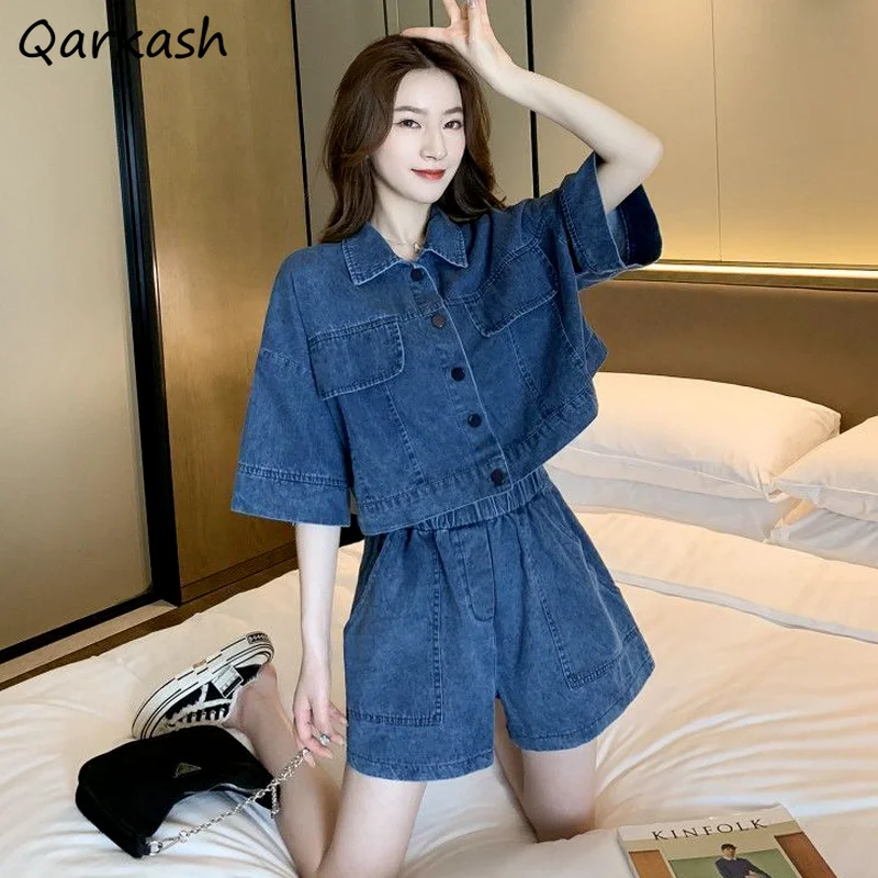 

Sets Women Denim Jackets Vintage Popular Summer Shorts Crops Single Breasted Retro High Street Elastic Waist 2 Outfit Basic Ins