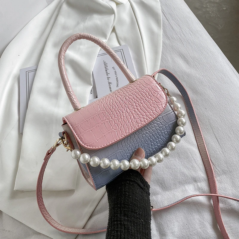 

New Beading Shoulder Belt Design Stone Pattern Gradient PU Leather Crossbody Shoulder Bags for Women 2021 Simple Ladies Handbags