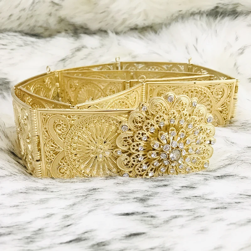 Moroccan Chic Caftan Wedding Metal Belt for Women Gold Silver Color Rhinestone Waist Chain Dubai Bridal Dress Body Jewelry