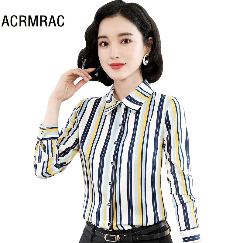Women shirt Slim autumn stripe Long sleeve Turn-down Collar OL Formal Business Blouses & Shirts Woman 318