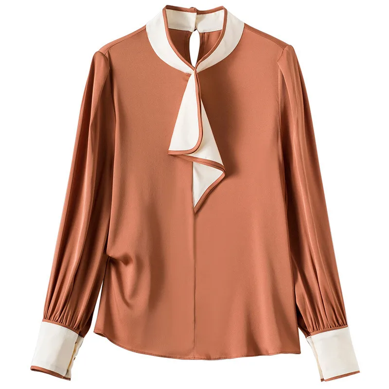

Luxury 100% Real Silk Blouses Women Spring Designers Long Sleeve Ruffles Patchwork Solid Office Shirts Femininos Blusas Tops