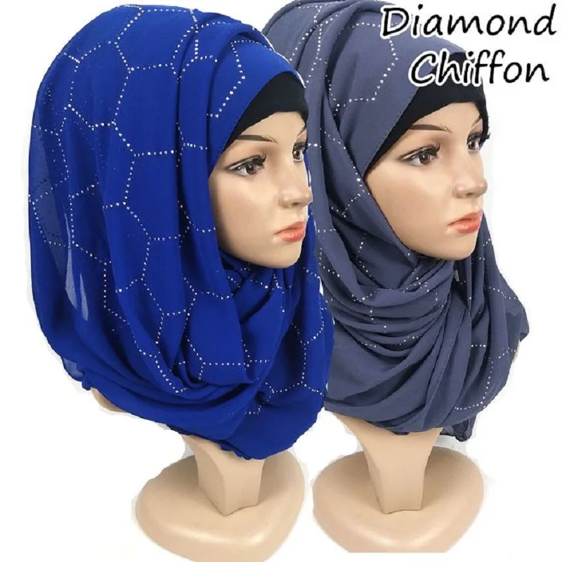 

Premium Chiffon Women's Turban Muslim Hijab Diamonds Scarf Hexagon Rhinestone Shiny Long Shawl Head Wrap Islam Modesty Headscarf