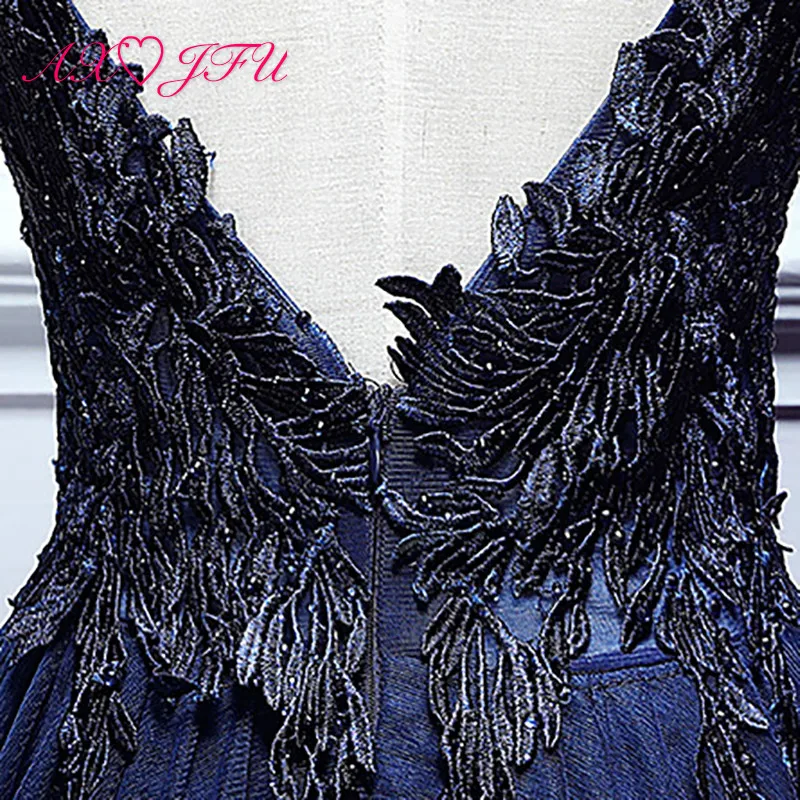 

AXJFU luxury princess navy blue lace evening dress vintage o neck sleeveless illusion beading crystal wine red evening dress