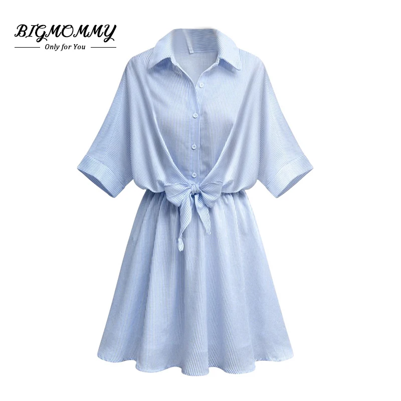Женское платье рубашка большие размеры сезон весна лето синее в тонкую полоску с