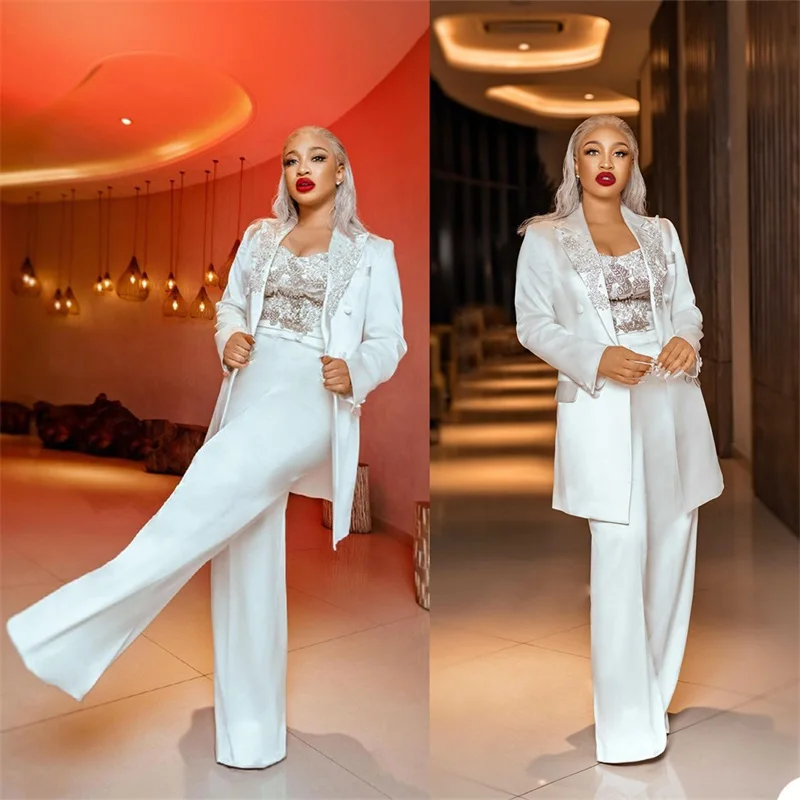 

3 Pieces Women Suits костюм женский Luxury Pearls Beads White Blazer+Pants+Camisole Guest Tuxedos Wedding Prom Party Suit Set