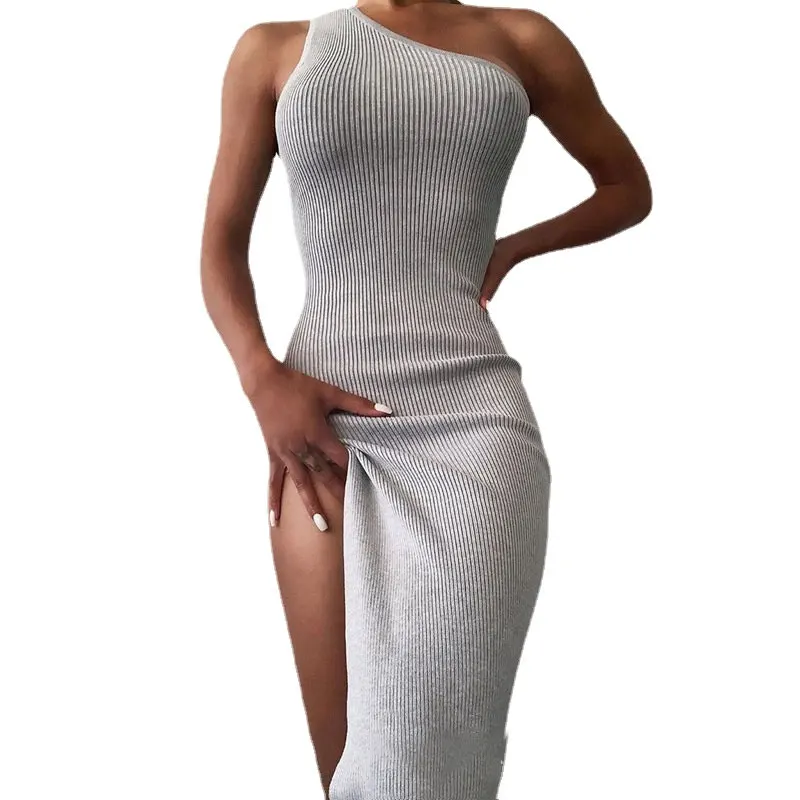 

y2k Ropa Mujer Talla Grande New Women's Gray One-shoulder Knitted Split Suspender Skirt Dresses Women Woman Dress Dresses