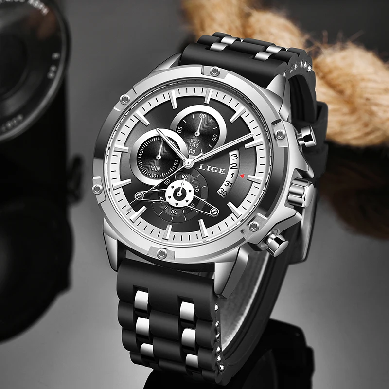 Водонепроницаемые спортивные силиконовые часы мужские LIGE Top Brand роскошные