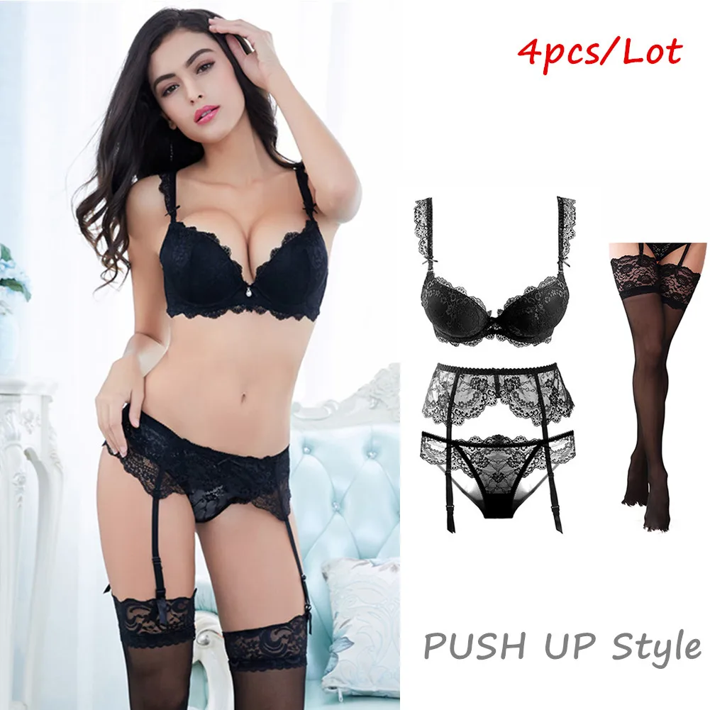 push up black Сексуальный кружевной тонкий хлопковый комплект с бюстгальтером(бюстгальтер+ трусики+ пояс с подвязками+ чулок), 4 шт./лот, комплект нижнего белья - Цвет: push up black