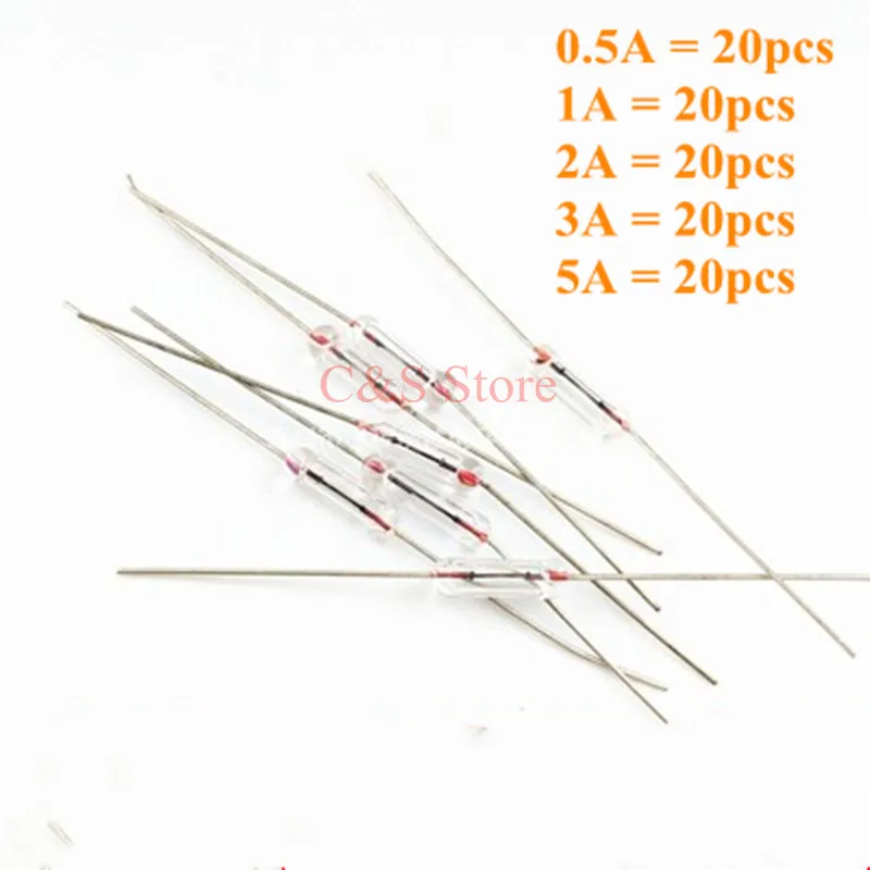 5 kinds * 20pcs = 100pcs/lot 3*10mm 250V Axial fast glass fuse with lead wire Mix Set 0.5A 1A 2A 3A 5A 3x10