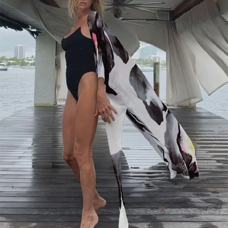 

2021 Black Boho Printed Chiffon Bikini Cover-ups Plus Size Beach Wear Kimono Dress Women Summer Swimsuit Cover Up