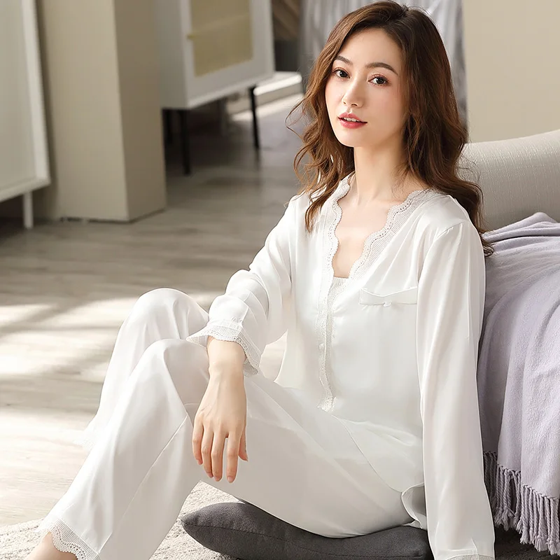 2022 New Women Ice Silk Pajamas Set 2 Pcs Sleepwear Pyjamas Suit for Ladies Home Clothes High Quality Imitation Silk Pijamas