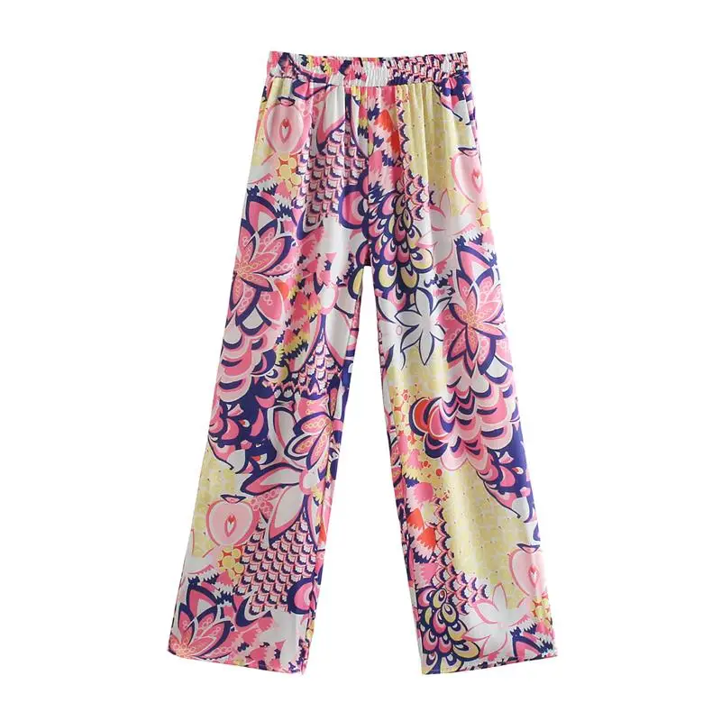 

2021 New Women Fashion Vintage Color Match Floral Printing Casual Wide Leg Pants Retro Side Pocket Long Trousers Streetwear