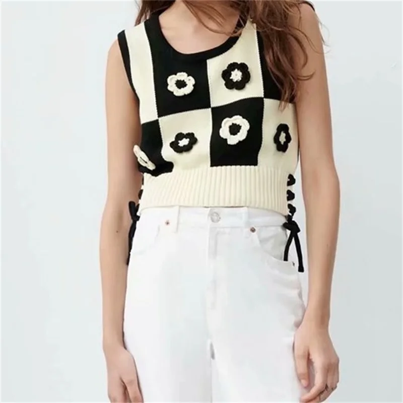 

Женский укороченный вязаный крючком жилет MESTTRAF с цветочным принтом, винтажный свитер без рукавов с боковыми завязками, женский жилет, 2021