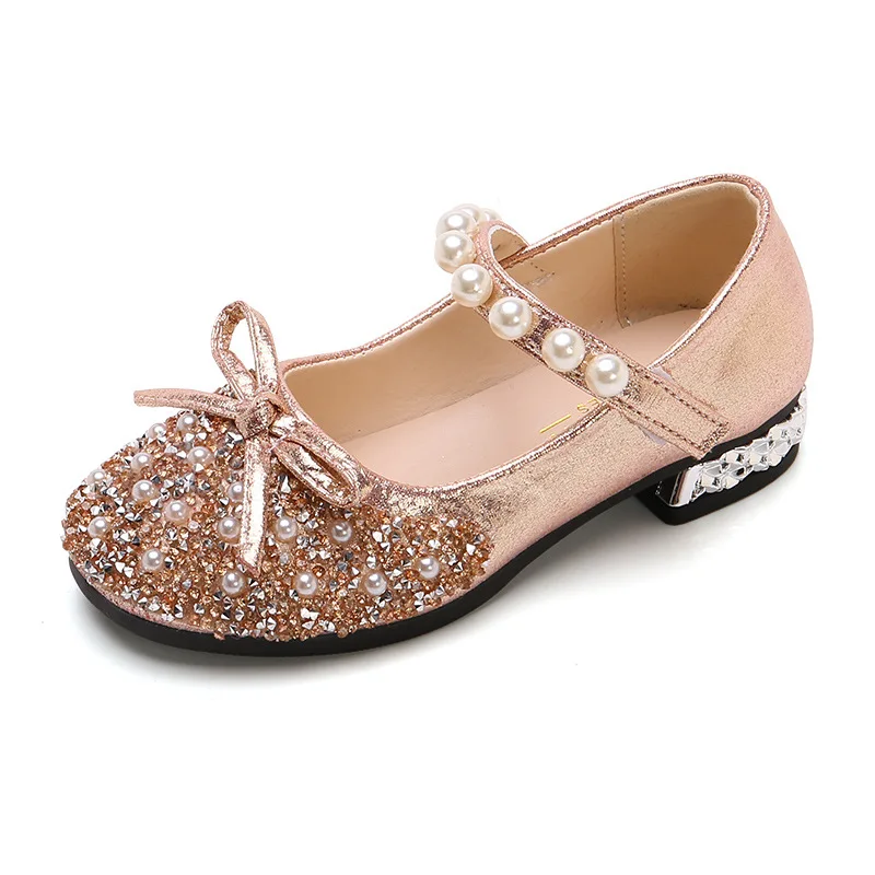 

Girls Princess Children's Leather Shoes Flowers Casual Sequins Children's High Heels Bow Blue Pink Sandals kids shoes