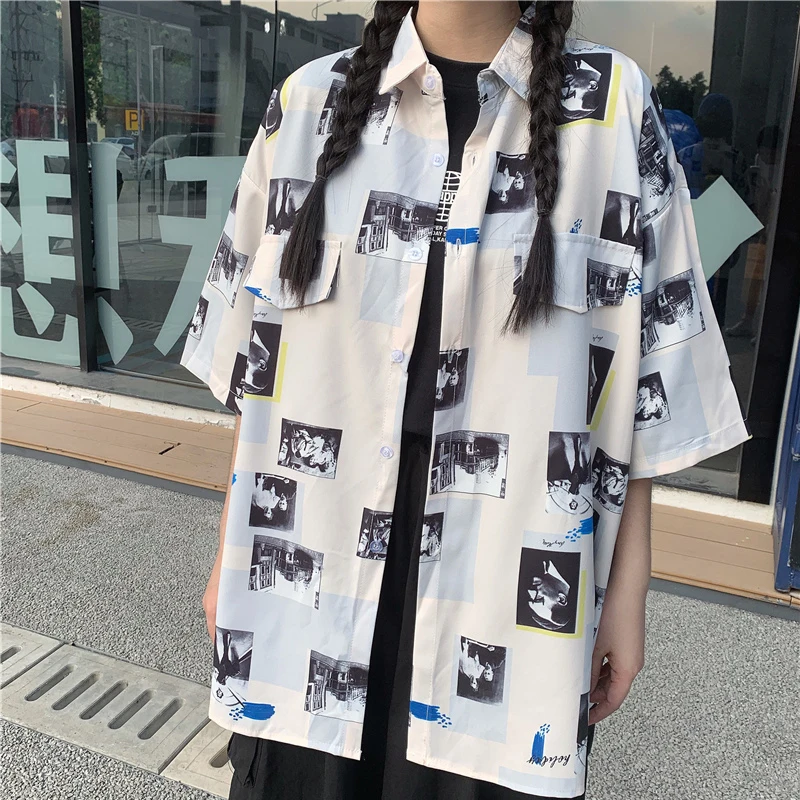 

New Summer Shirt Women Commuter Style Shirt Loose Short Sleeve Blouse Vintage Plaid Pattern Printed Shirt Casual Graffiti Shirt