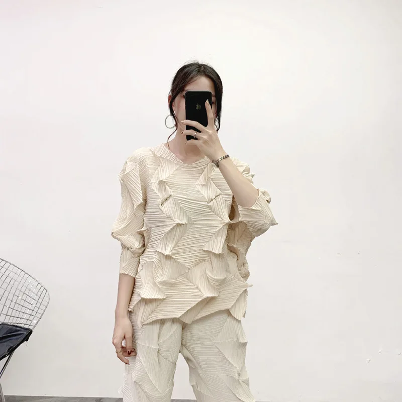 Apricot top 2 шт. наряды для женщин Miyake складки пожалуйста однотонный повседневный комплект пуловер футболка длинные широкие брюки осенний модный костюм - Цвет: Apricot top