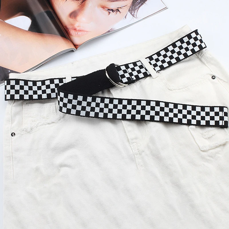 Модный холщовый длинный ремень в уличном стиле клетчатый шахматный с D образным