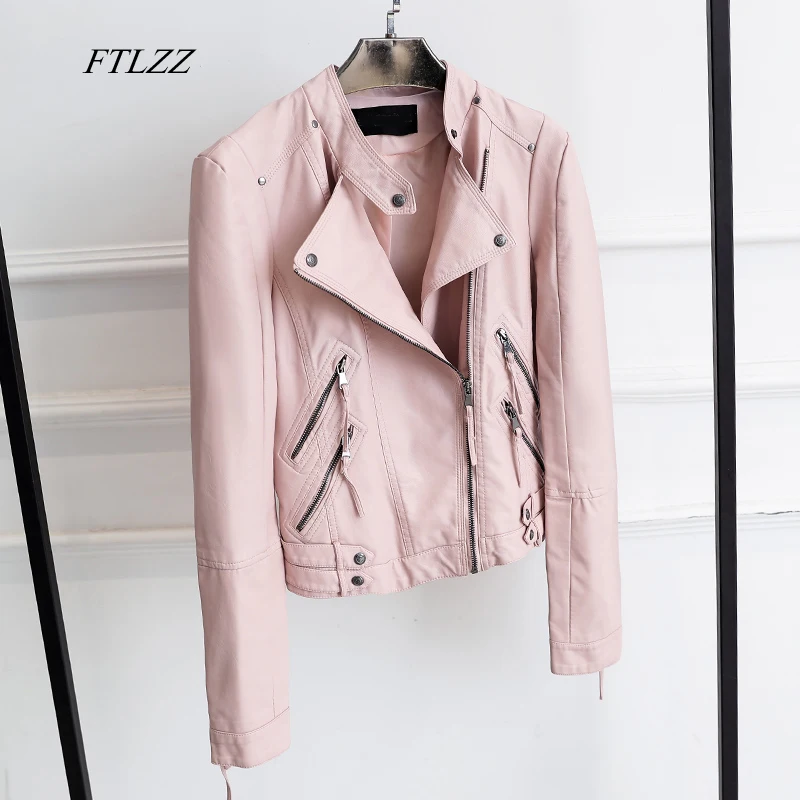 

FTLZZ New Women Fashion Zipper Faux Leather Jacket Slim Long Sleeve Short Design Black Pink Motorcycle Pu Jacket
