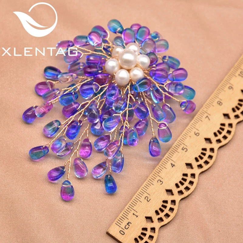 

Xlentag Handmade Natural Freshwater Pearl Blue Crystal Stone Branch Brooch Women Wedding Party Gift Fine Fashion Jewelry GO0383A