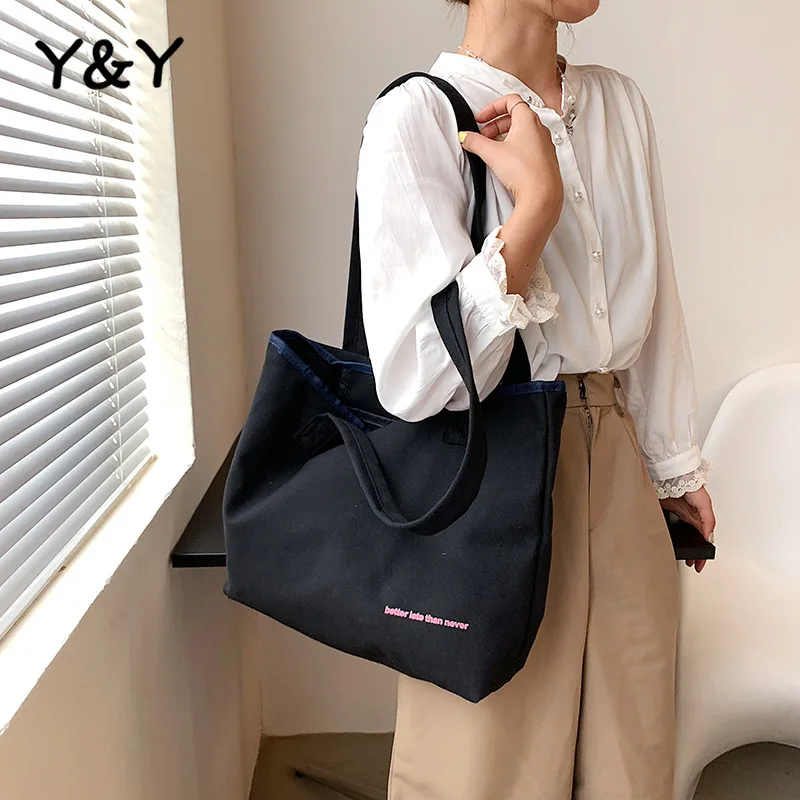 

Y&Y Canvas Bag Casual Letter Handbags Korean Style Tide Shoulder Bag Large Capacity Simple Tote Bag