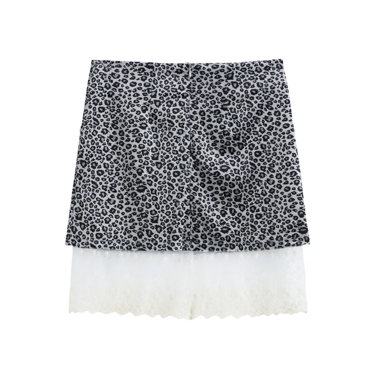 

Sexy Mini Skirts Women 2021 Spring Summer Korean Fashion Vintage Leopard Lace Patchwork High Waist A Line Short Skirt B370