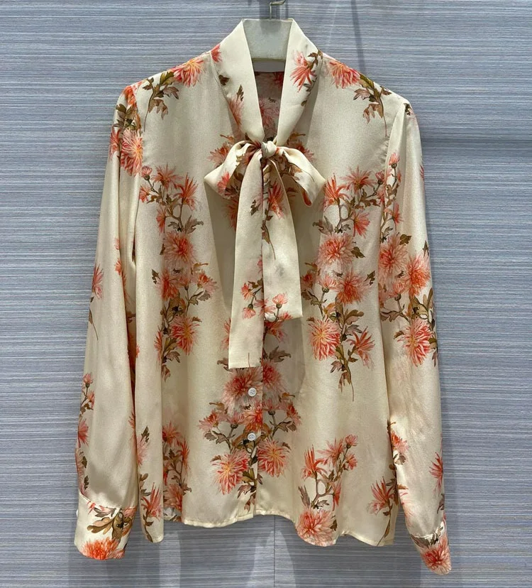 100%Silk Shirts 2022 Spring Summer Blouses Women Bow Collar Elegant Floral Print Long Sleeve Elegant Loose Blouses Female