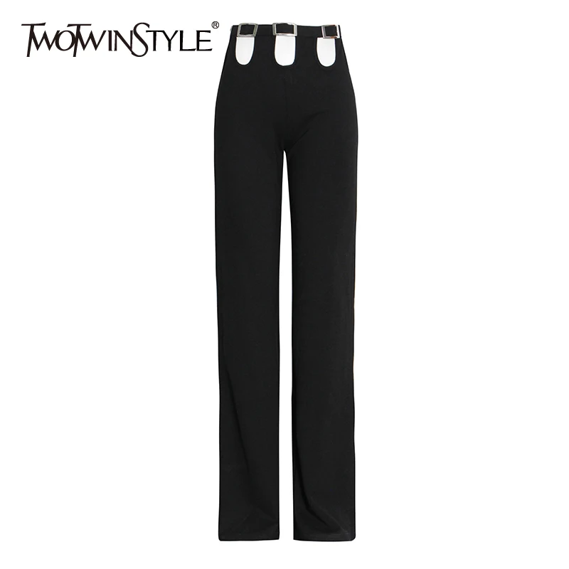 

Женские прямые брюки TWOTWINSTYLE, черные длинные брюки с высокой талией и вырезами, модель 2021 года