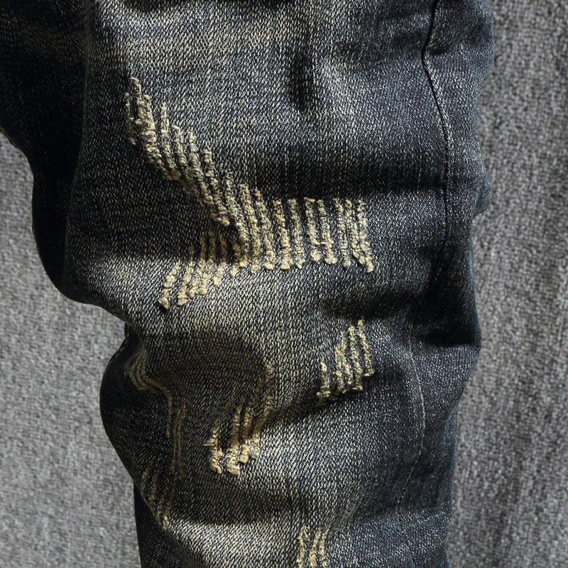 European Vintage Fashion Men Jeans Retro Distressed Washed Slim Fit Ripped Jeans Men Scratch Designer Casual Cotton Denim Pants