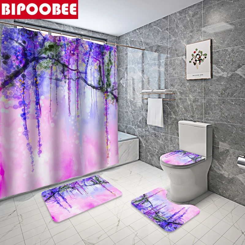 

Purple Shower Curtain Floral Plant Printed Bath Mats Toilet Lid Cover 180x180cm Bathroom Curtains and Pedestal Non-slip Carpet