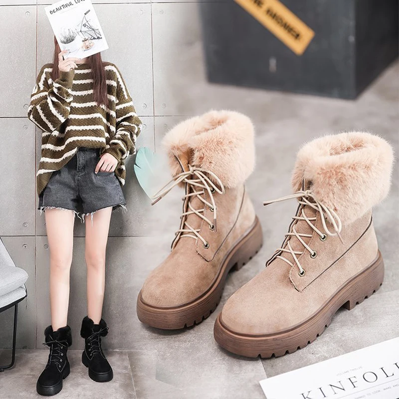 

2019 Winter Casual Warm Shoes Women Brand Martin Boots with Fur Flock Female botas mujer Ladies footware Ankle Boots Cross-tied