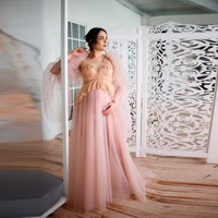 sweet pink see thru lace appliques maternity tulle dresses plus size heart shape strapless draped prengency women dress robe